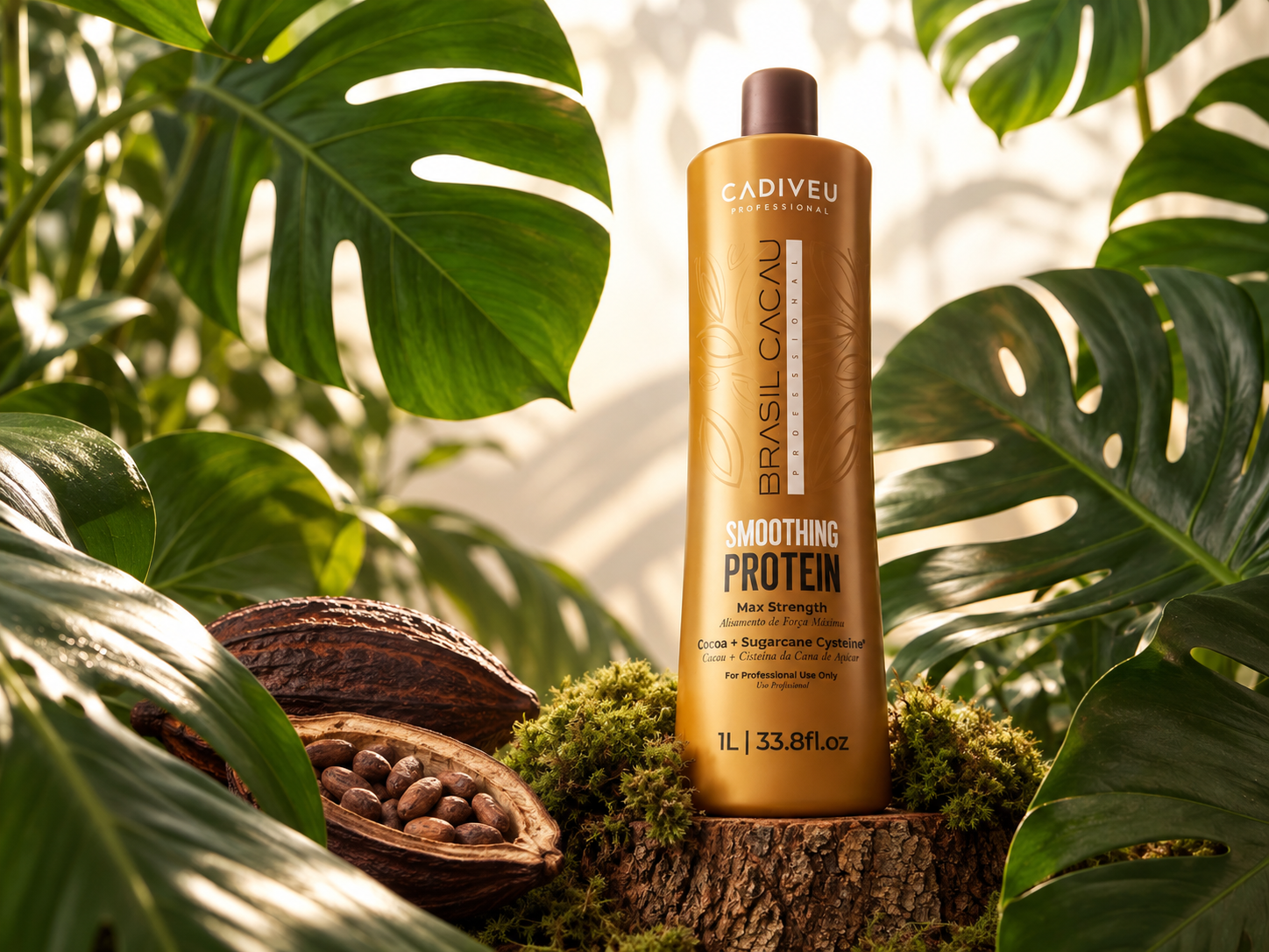 Home Cadiveu Professional Brasil Cacau Smoothing Protein bottle among tropical leaves and cocoa pods