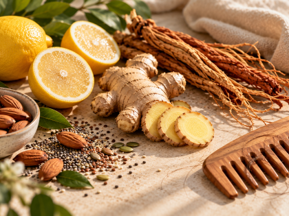 A comb with a few shed strands beside ginger, red ginseng and biotin — the ingredients behind the best shampoo for hair fall in Bangladesh