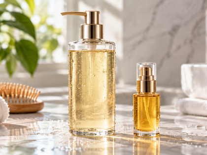 Sulfate-free shampoo bottle and hair serum next to water droplets on a light background
