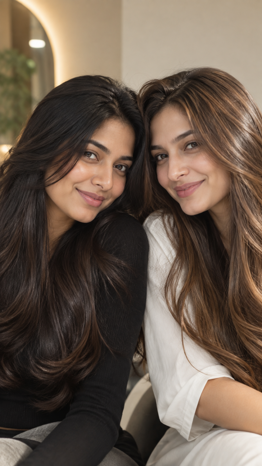 Two women with healthy, glossy long hair