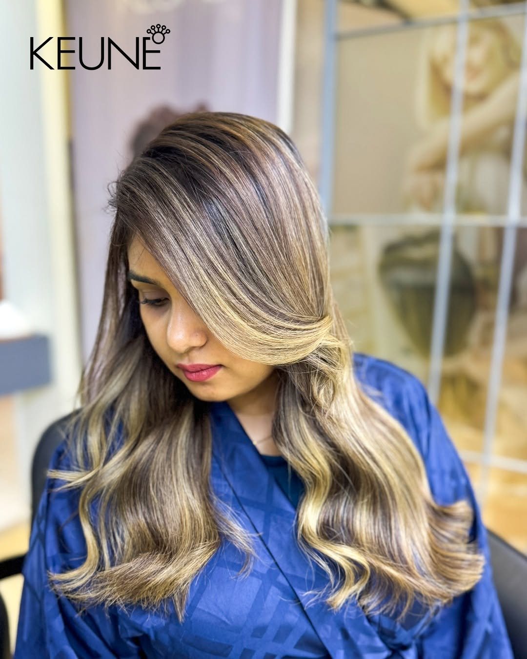 After: beige blonde balayage with face-framing highlights, created with KEUNE